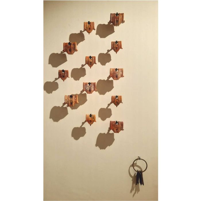 Locked vulnerabilities, Semi Circle of 12 hanging locks with a bunch of 7 keys
